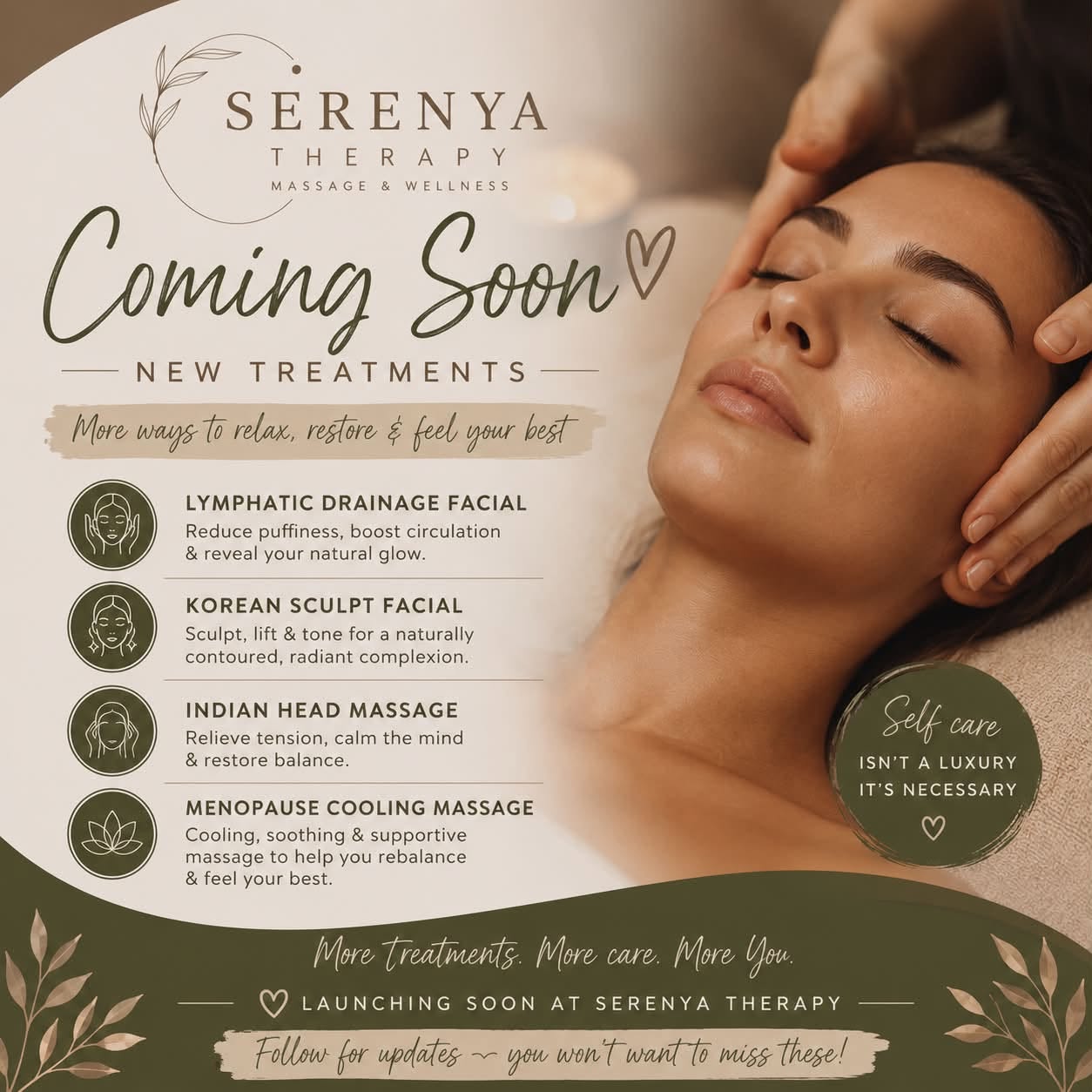 Serenya Therapy coming soon — new treatments graphic from Facebook